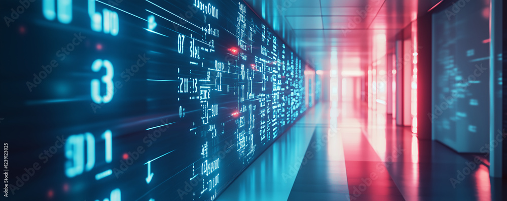 Cinematic depiction of a modern hospital corridor illuminated by vibrant digital displays and soft lighting at night Cinematic depiction of a modern hospital corridor illuminated by vibrant digital displays and soft lighting at night