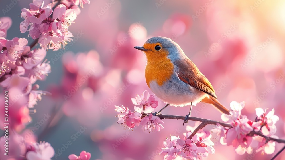 A charming bird perched on a blooming branch, surrounded by delicate pink flowers, creating a serene springtime atmosphere. A charming bird perched on a blooming branch, surrounded by delicate pink flowers, creating a serene springtime atmosphere.