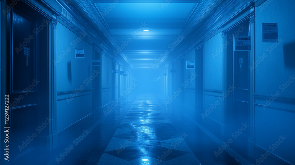 Surreal view of a hospital corridor with a misty atmosphere and dramatic lighting creating an eerie ambiance Surreal view of a hospital corridor with a misty atmosphere and dramatic lighting creating an eerie ambiance