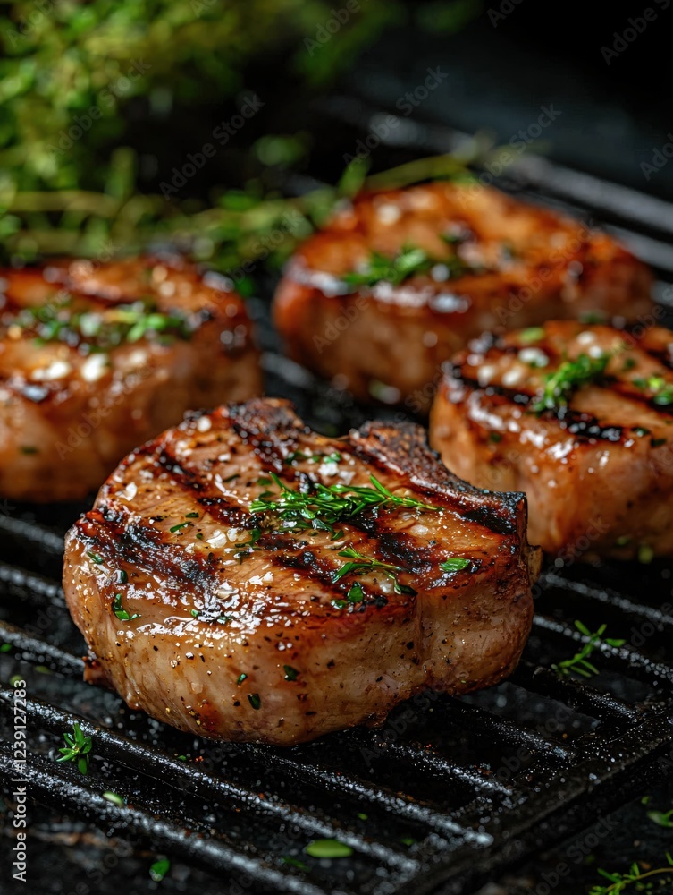 Grilled pork chops with fresh thyme and coarse salt on a black grill ready to be served Grilled pork chops with fresh thyme and coarse salt on a black grill ready to be served