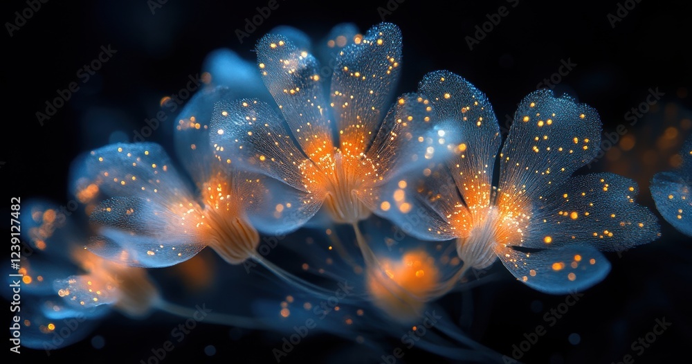 Obraz premium Ethereal Blue Flowers with Glowing Orange Highlights in a Dark Background, Capturing the Beauty of Nature's Luminescent Wonders