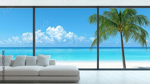 Bright Modern Living Room with Ocean View and Tropical Palm Tree