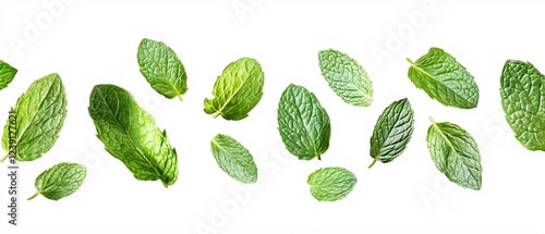Fresh Mint Leaves Floating in a Row on White Background Bright and Clean Food Ingredient