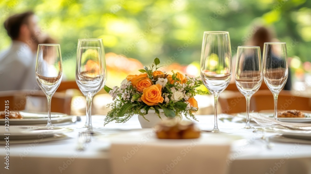 A beautifully arranged table with wine glasses and a vibrant floral centerpiece in a serene garden A beautifully arranged table with wine glasses and a vibrant floral centerpiece in a serene garden