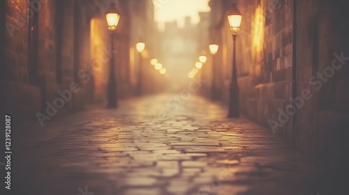 Soft light glows from street lamps  casting shadows on the cobblestone path as dusk falls