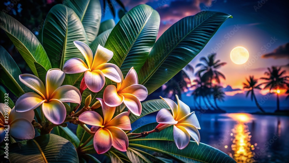 Naklejka premium Night Bloom: Frangipani and Palm Leaves Under Tropical Moonlight