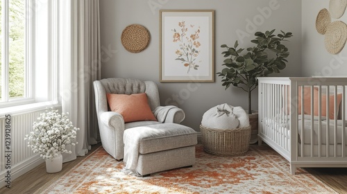 Nursery room design  armchair  crib  sunlight  decor  calm  peaceful  natural