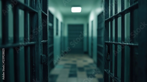 A haunting prison corridor with open cell doors leading into a dimly lit area