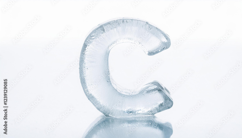 Letter C made of ice standing isolated on white backdrop. Alphabet symbol. Letter C made of ice standing isolated on white backdrop. Alphabet symbol.
