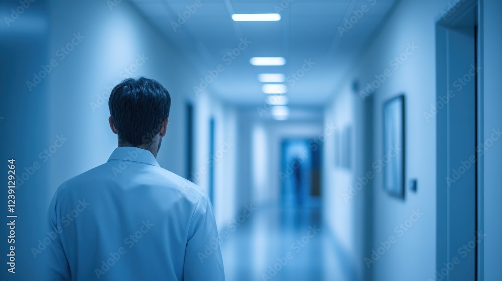 Fototapeta premium A man in a white coat walks through a quiet hospital hallway at night, illumination from overhead lights