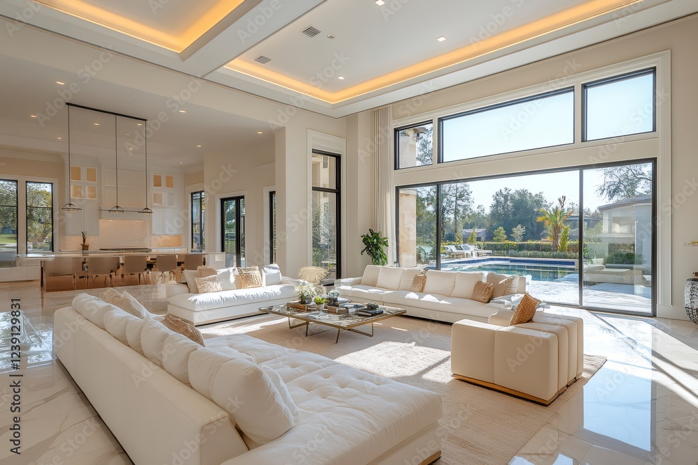 Fototapeta premium Modern open plan living room overlooking swimming pool