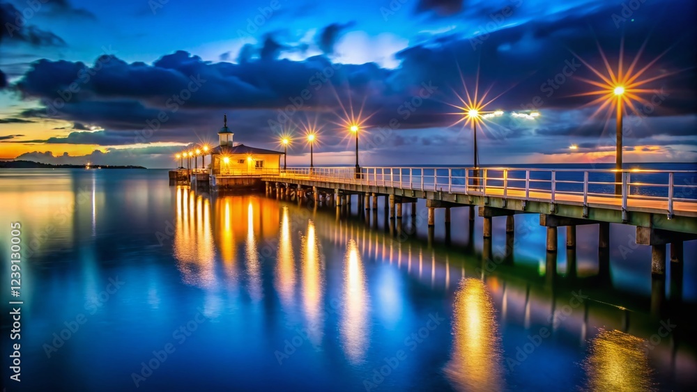 Fototapeta premium Night Ferry Pier Lightscape - Illuminated Dockscape at Dusk