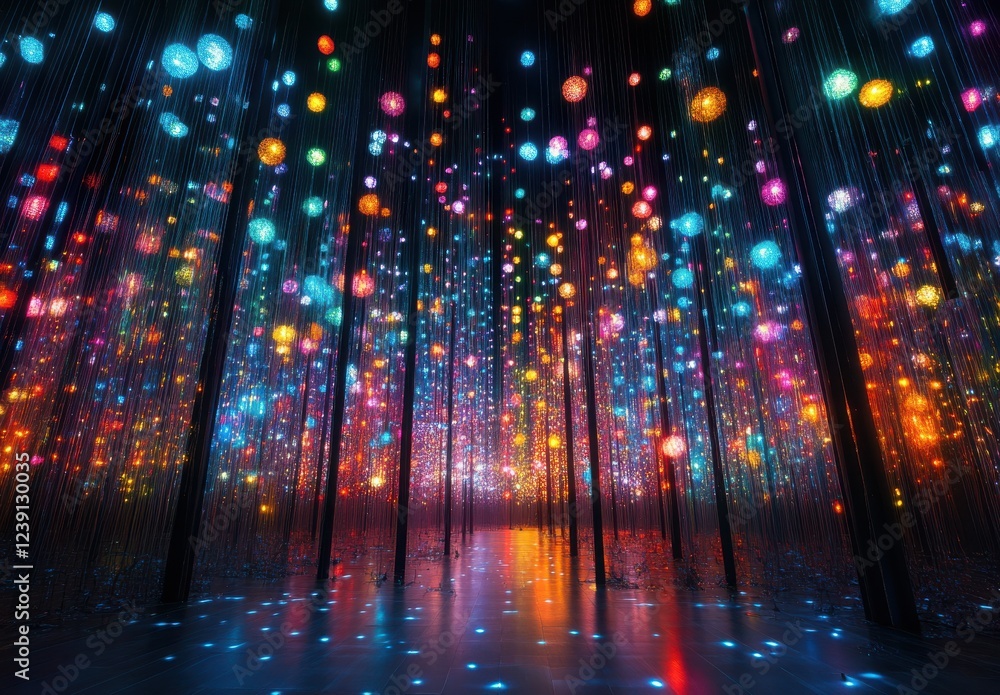 Ethereal Illumination in a Vibrant Art Installation with Colorful Lights and Reflections in a Darkened Space Ethereal Illumination in a Vibrant Art Installation with Colorful Lights and Reflections in a Darkened Space
