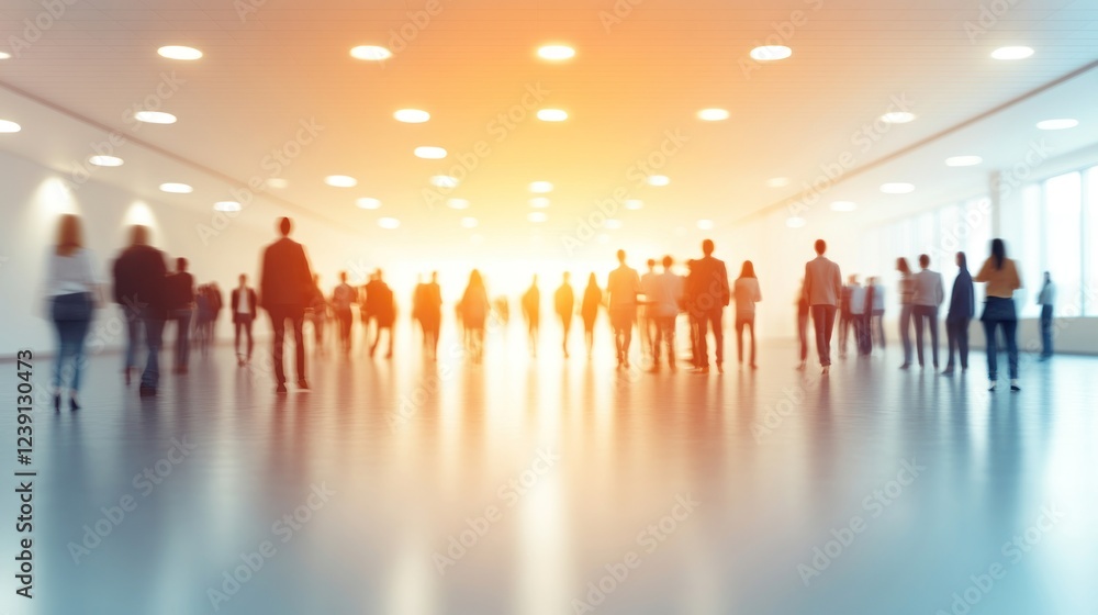 Fototapeta premium Groups of people are moving toward a warm light in a large, modern hall with a bright atmosphere