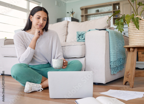 Canvas Print Woman, documents and thinking on floor in home for source verification, news investigation and research