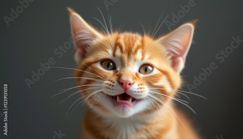 Funny smiling cat with a cute expression, Red background enhances the pet's charm.