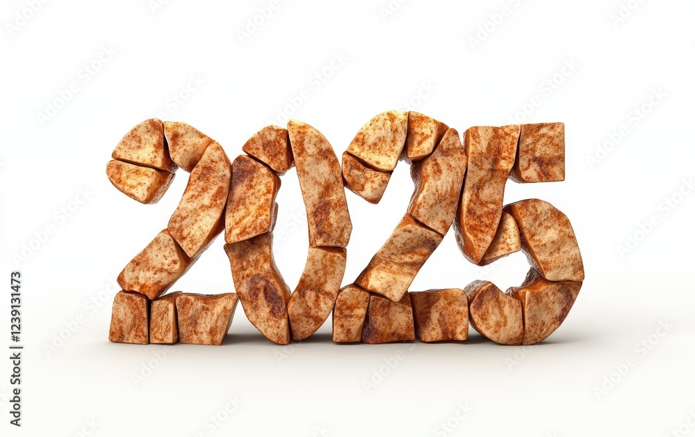 Fototapeta premium 2025 Created from Crispy Apple Chips with Cinnamon Isolated on a White Background