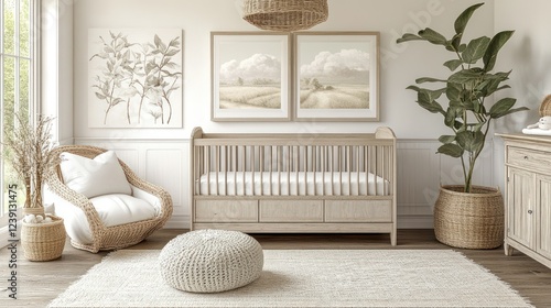 Nursery room design, calm decor, natural light, wicker furniture, serene background