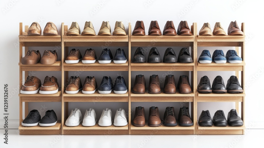 Neatly organized collection of men's shoes on wooden shelves in diverse colors and styles Neatly organized collection of men's shoes on wooden shelves in diverse colors and styles