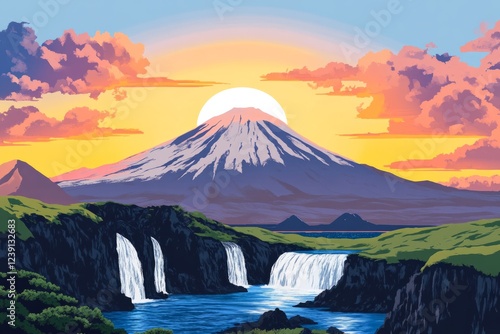 Breathtaking, towering mountains rise majestically as cascading waterfalls flow gracefully at sunset, framed by vibrant, colorful clouds and tranquil waters reflecting the wondrous scene photo