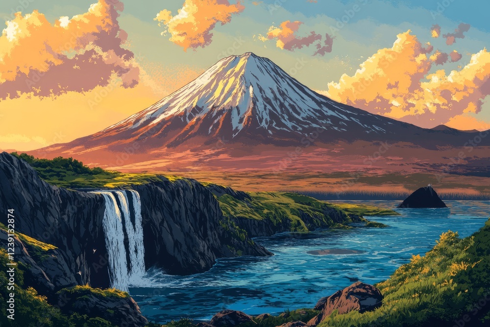 Fototapeta premium Majestic mountain landscape at sunset with a waterfall cascading into a serene lake surrounded by lush greenery