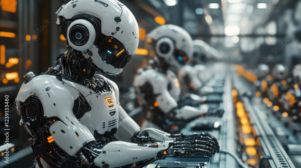 Robots work in a factory assembly line. cyberpunk style Robots work in a factory assembly line. cyberpunk style