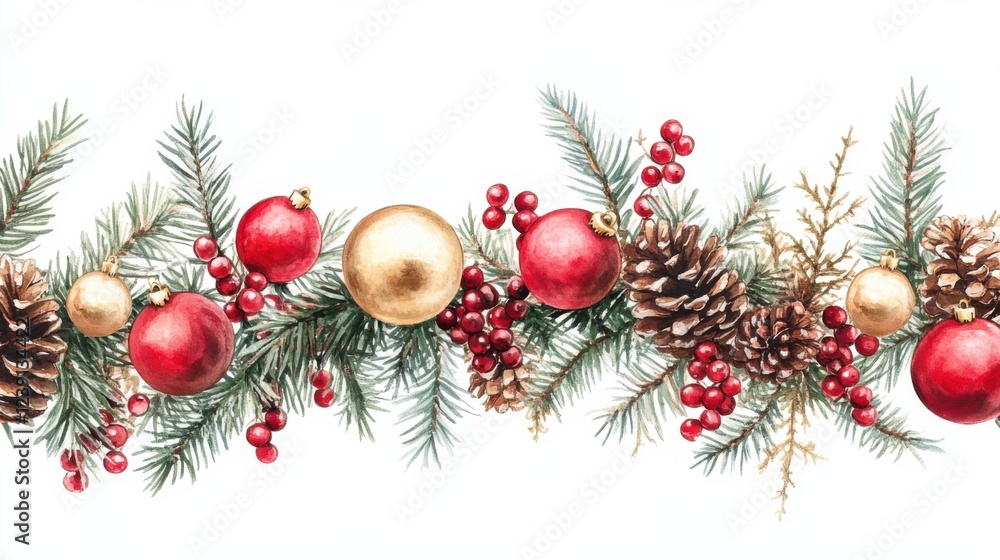 Fototapeta premium Festive christmas garland with red and gold baubles, pinecones, greenery, and red berries