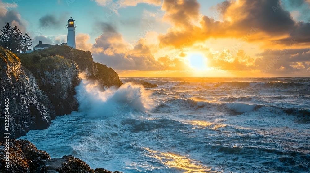 Dramatic seascape at sunset, rugged cliffs against crashing waves, vibrant sky colors reflect on the water surface, ideal for inspiration. Dramatic seascape at sunset, rugged cliffs against crashing waves, vibrant sky colors reflect on the water surface, ideal for inspiration.