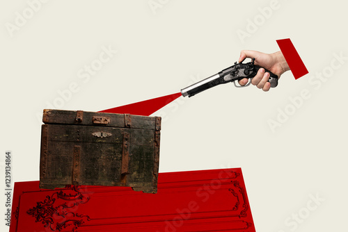 Composite poster art 3d image creative collage of hand hold pistol weapon shot chest treasure robbery suitcase concept piracy photo