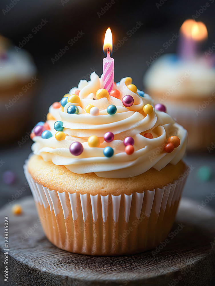 Colorful birthday cupcake with lit candle Colorful birthday cupcake with lit candle