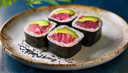 delicioso sushi maki relleno de atun fresco y aguacate cubierto con arroz y lonchas de atun decorado con pimienta negra molida este plato es una opcion perfecta para los amantes del atun photo