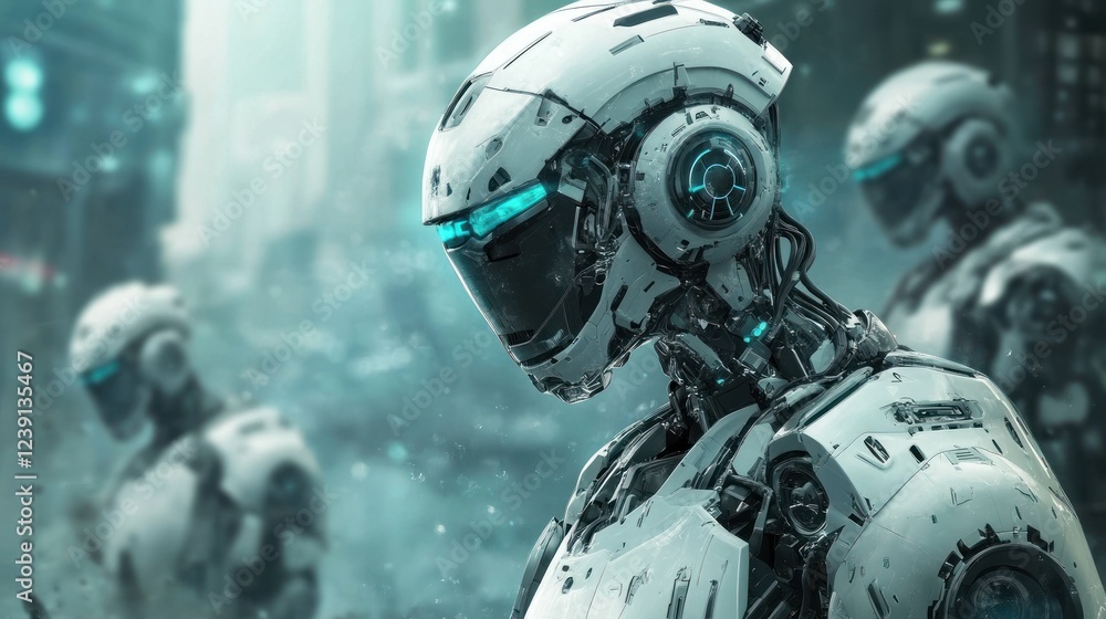 Advanced Robotic Units Standing In Futuristic City Advanced Robotic Units Standing In Futuristic City