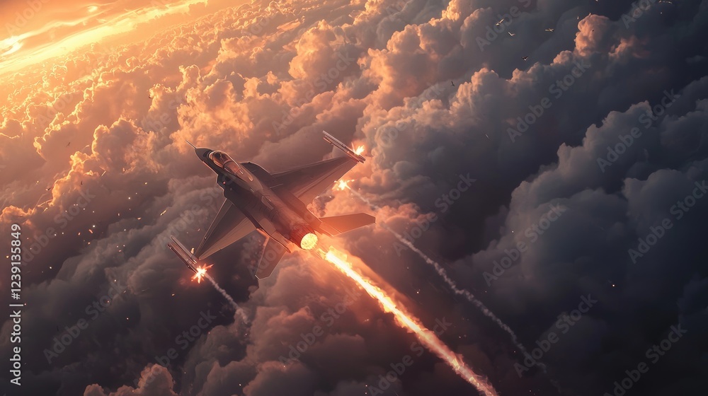 Obraz premium Sunset Flight, Fighter Jet Soaring Through Clouds