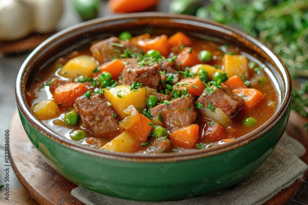 Bowl of delicious freshly made beef stew garnished with parsley Bowl of delicious freshly made beef stew garnished with parsley