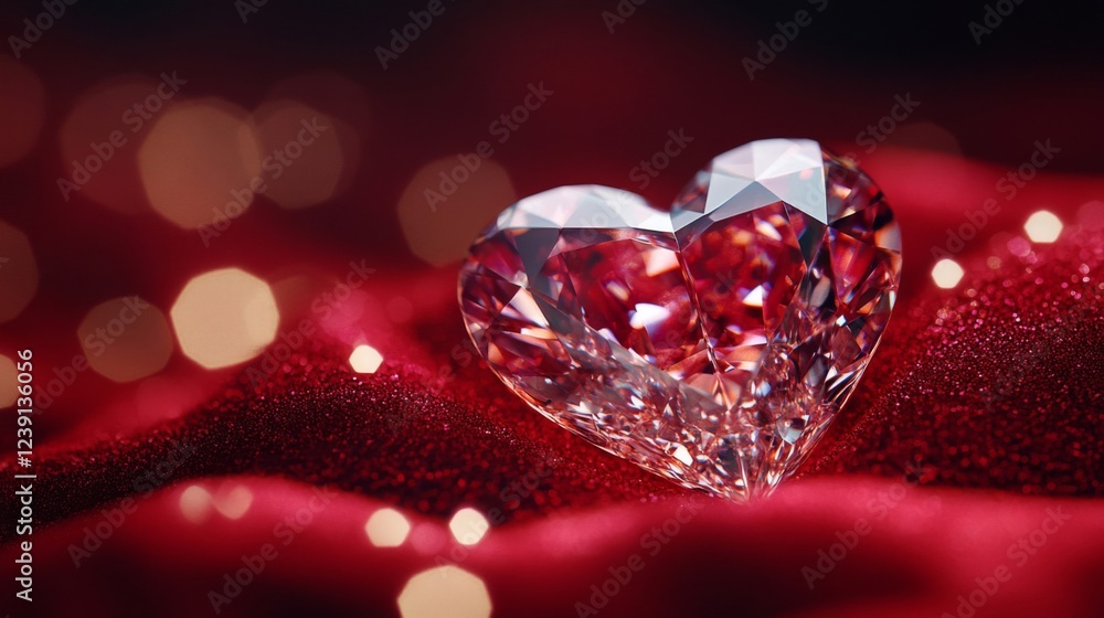Red Crystal Heart on Red Fabric with Sparkling Background Red Crystal Heart on Red Fabric with Sparkling Background