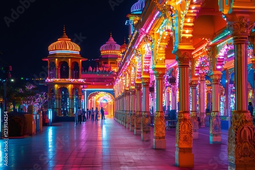 Tourists walking in colorful illuminated pavilion of global village in dubai