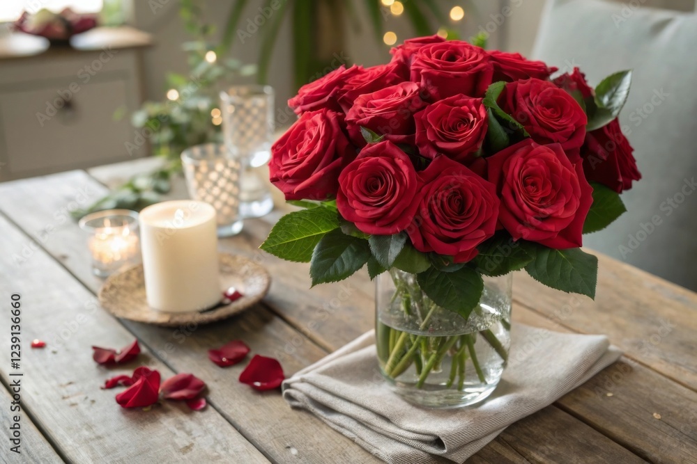 Obraz premium Red Roses in Glass Vase on Wooden Table for Romantic Setting