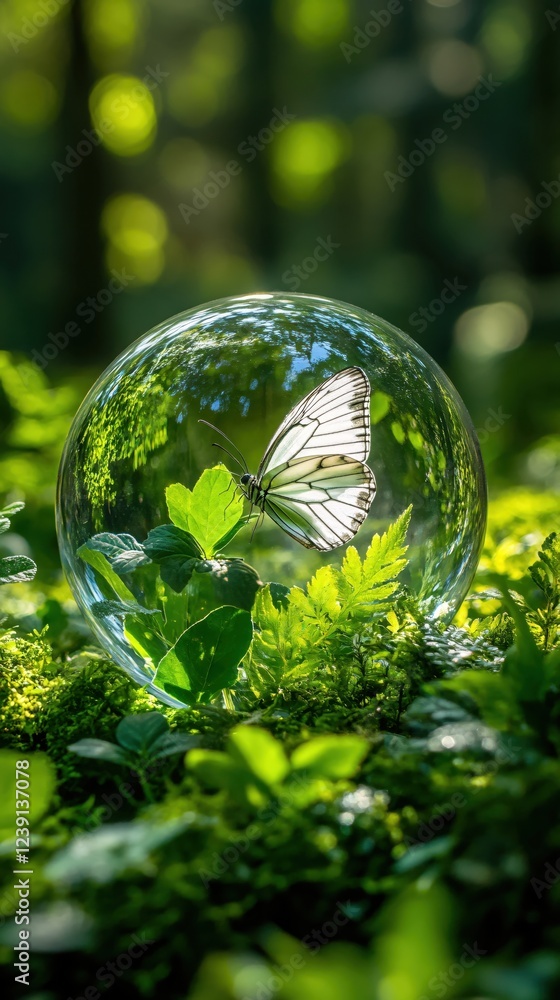 Delicate white butterfly rests on green leaf inside a clear glass sphere in forest light Delicate white butterfly rests on green leaf inside a clear glass sphere in forest light