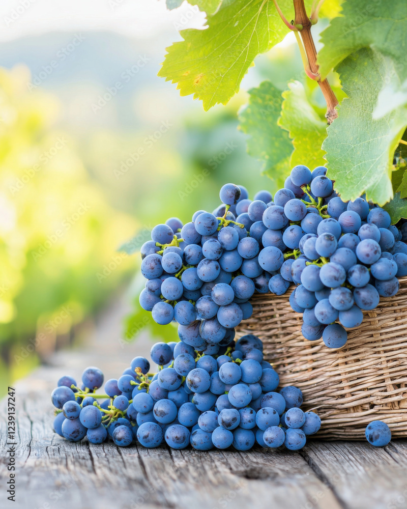 Freshly picked grapes in basket, surrounded by lush vineyard scenery Freshly picked grapes in basket, surrounded by lush vineyard scenery