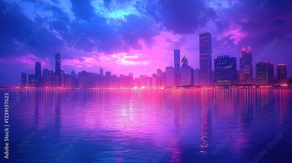 Fototapeta premium Vibrant City Skyline Reflected in Calm Water at Sunset