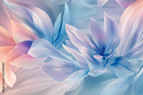 A soft and dreamy floral design with pastel colors, featuring abstract petals and leaves in flowing shapes.