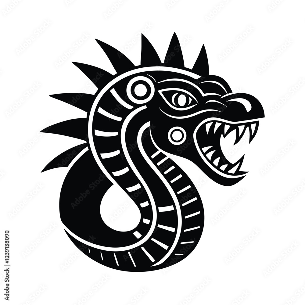 Fototapeta premium Mesoamerican Styled Serpent Face Tattoo A Mythological Reptile Ink Graphic