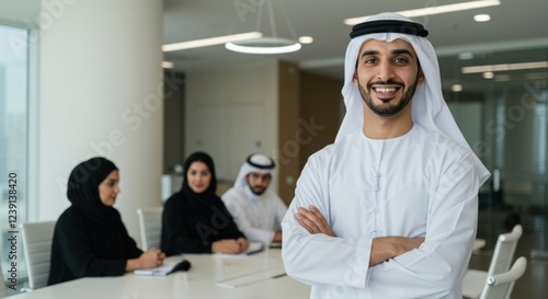 Emirati businessman smiling and standing confidently in office, collaborating with business people in modern office environment.