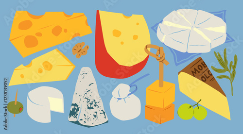 Various delicious Cheese set. Mozzarella, brie, triangles, cheddar, blue cheese, parmesan, camembert, burrata. Cartoon modern style. Hand drawn Vector illustration. Isolated design elements 