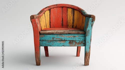 Colorful rustic chair with vibrant paint and weathered texture in natural light setting. Generative AI
