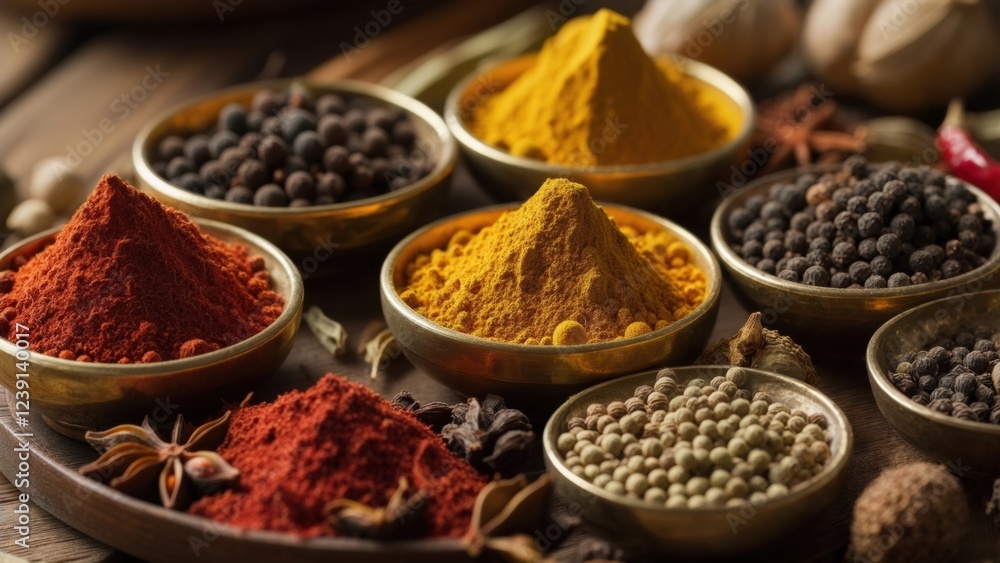 Vibrant spices arranged in bowls on a wooden table with warm lighting Vibrant spices arranged in bowls on a wooden table with warm lighting