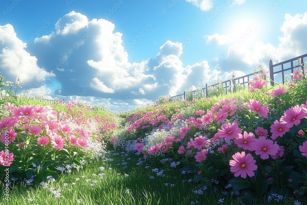Obraz premium Vibrant Pink Cosmos Flower Field Under Sunny Sky