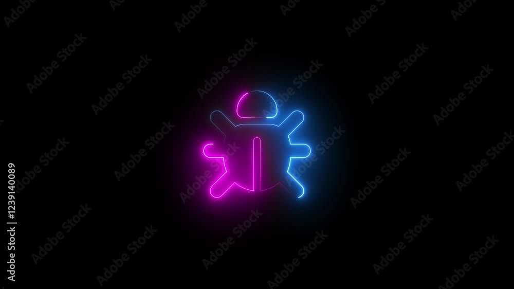 Bug symbol icon animation neon glow on black background Bug symbol icon animation neon glow on black background