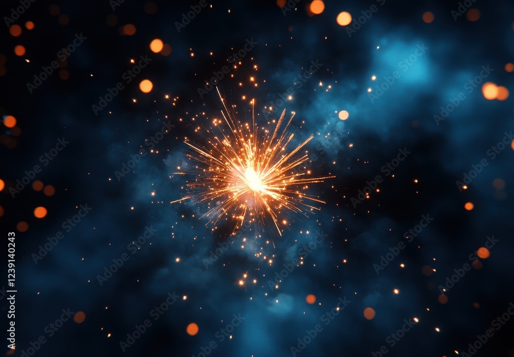 Naklejka premium Stunning Burst of Light with Sparkling Particles in Blue and Black Background, Radiating Energy and Dynamic Motion Effects