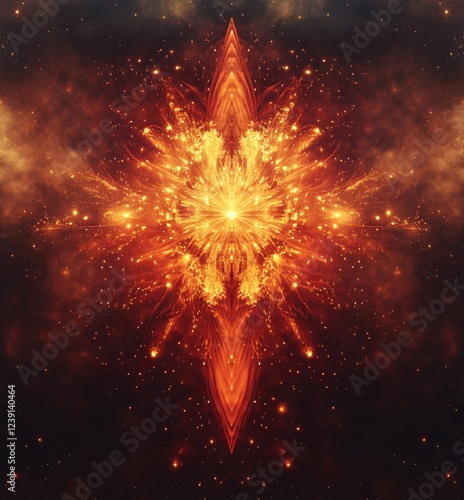 Wallpaper Mural Stunning Celestial Explosion with Fiery Orange and Yellow Sparks Radiating from a Central Point in a Cosmic Background of Stars and Dust Torontodigital.ca